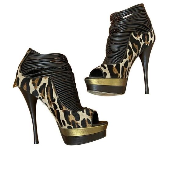Versace Leopard Print Calf Hair Caged Heel Booties Size 39 - Picture 2 of 11
